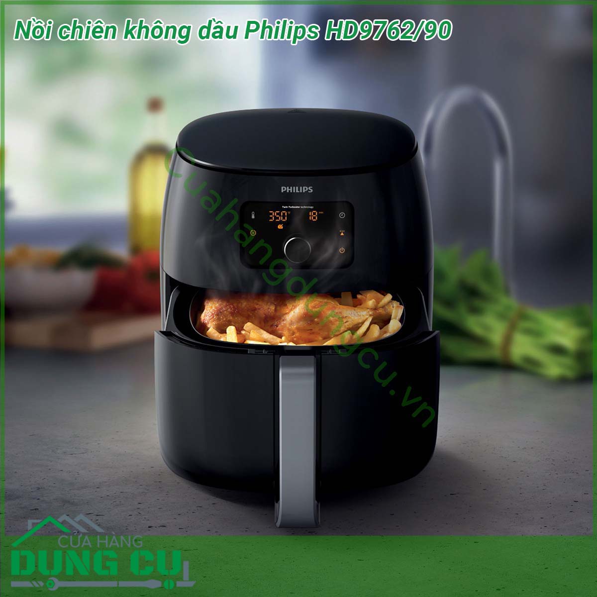 Nồi chiên không dầu Philips HD9762 90&nbsp;thiết kế đặc biệt bởi Philips Hà Lan Với màn hình hiển thị kỹ thuật số và núm xoay giúp người sử dụng có thể dễ dàng thao tác sử dụng Khi sử dụng&nbsp;bạn có thể lựa chọn 5 chức năng chiên rán cùng thời gian chế biến khác nhau Dải nhiệt tự điều chỉnh từ 40 độ – 200 độ giúp các món ăn được chế biến thơm ngon hấp dẫn hơn