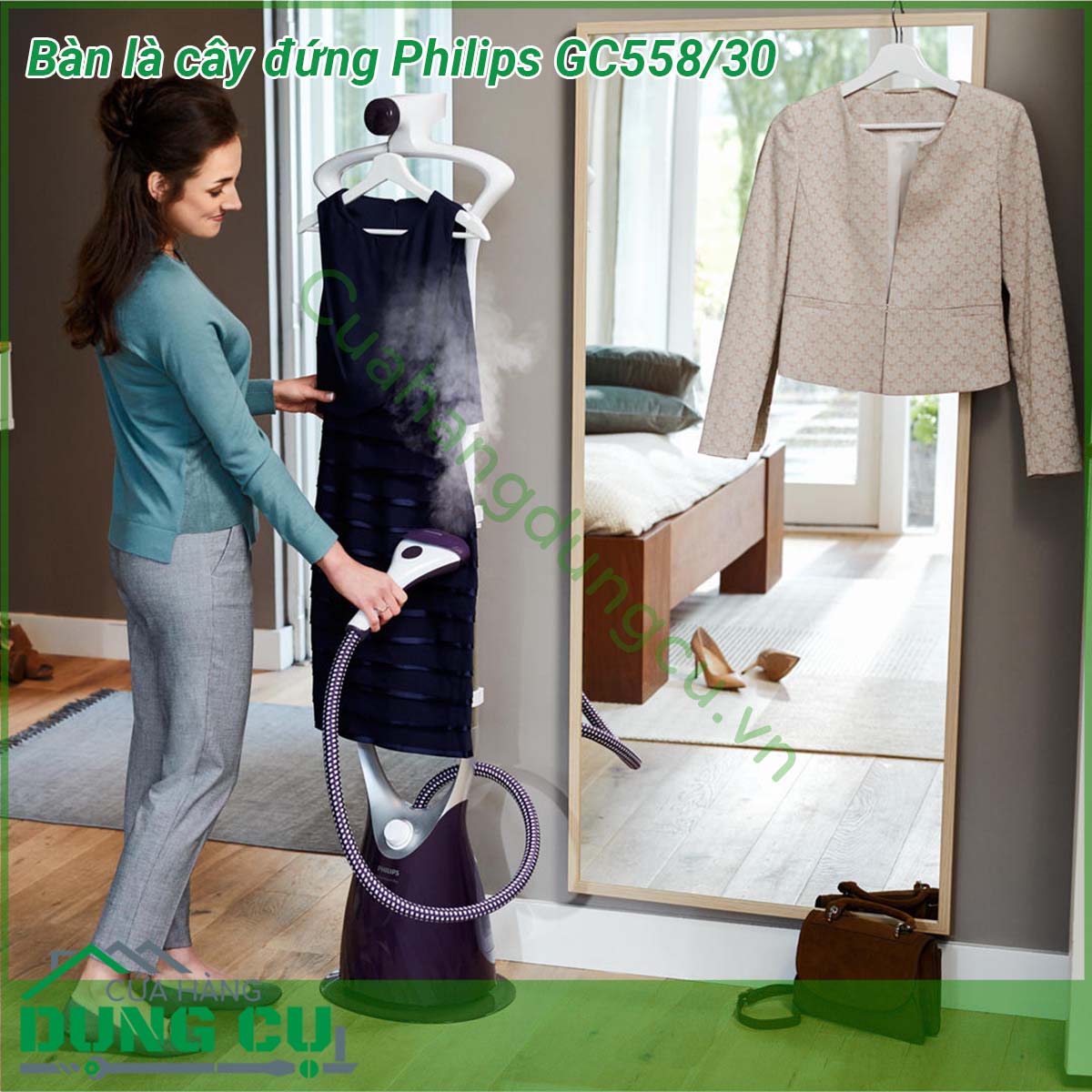 Bàn là cây đứng Philips GC558 30&nbsp;thiết kế dạng bàn ủi đứng giúp là ủi quần áo đang treo rèm cửa khăn màn nhẹ nhàng đơn giản hơn Kiểu dáng mềm mại sang trọng chắc chắn tạo sự thích thú cho người tiêu dùng ngay từ cái nhìn đầu tiên Bàn ủi&nbsp;với mặt đế (mặt ủi) bằng nhựa chống dính ủi trên công suất 2000W giúp ủi nhanh ủi nhẹ trên mặt vải