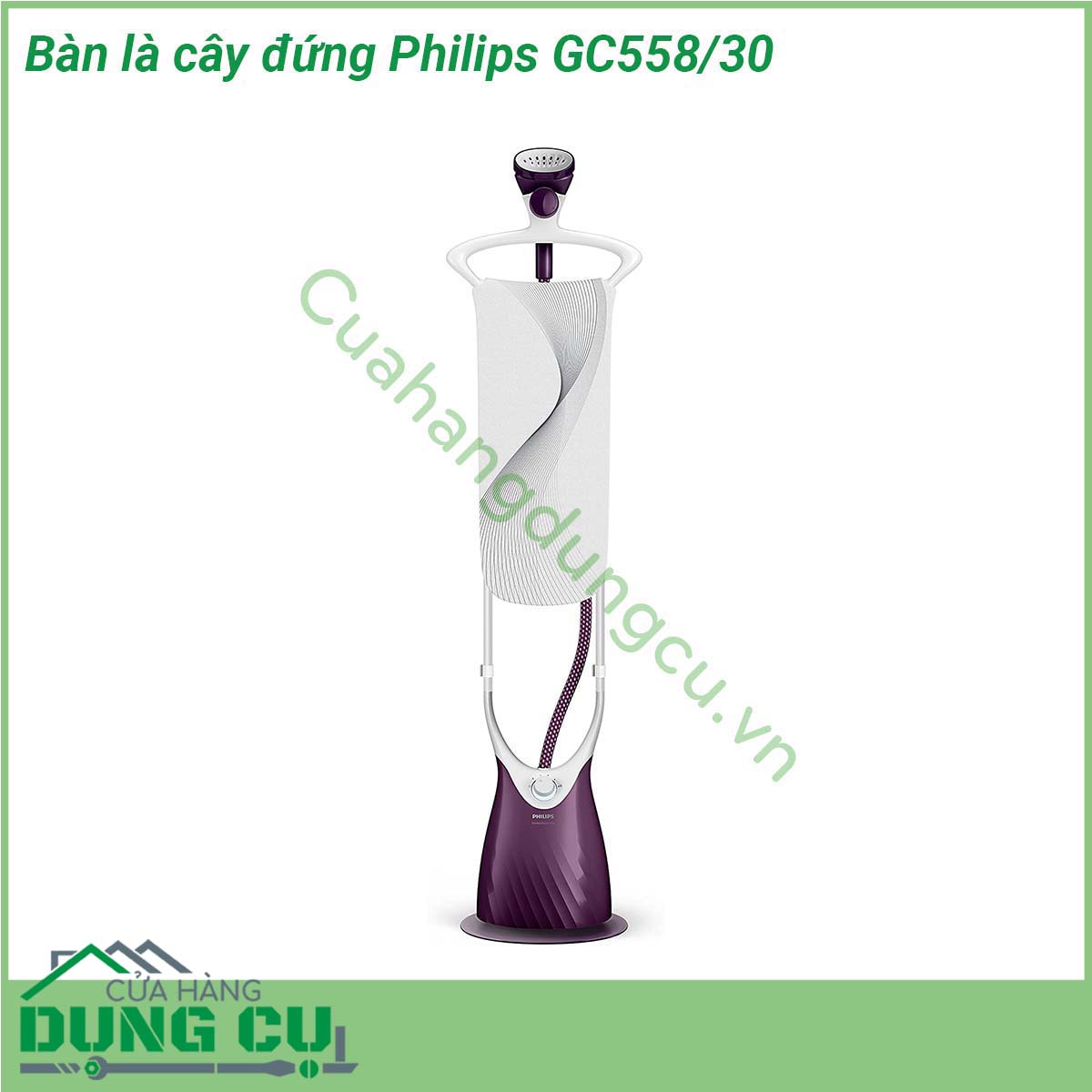 Bàn là cây đứng Philips GC558 30&nbsp;thiết kế dạng bàn ủi đứng giúp là ủi quần áo đang treo rèm cửa khăn màn nhẹ nhàng đơn giản hơn Kiểu dáng mềm mại sang trọng chắc chắn tạo sự thích thú cho người tiêu dùng ngay từ cái nhìn đầu tiên Bàn ủi&nbsp;với mặt đế (mặt ủi) bằng nhựa chống dính ủi trên công suất 2000W giúp ủi nhanh ủi nhẹ trên mặt vải