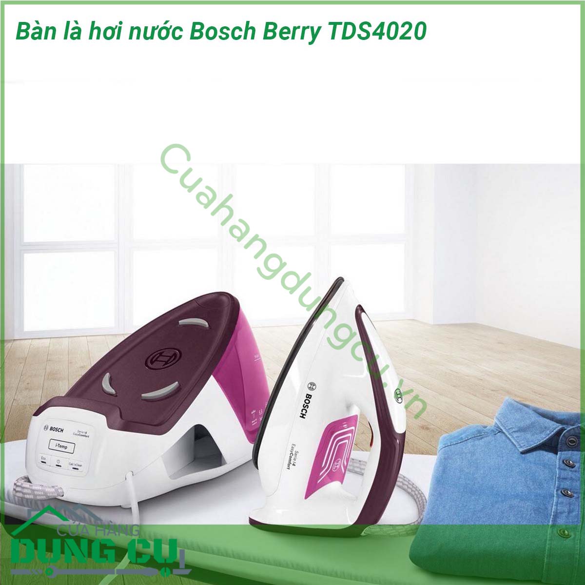 Bàn là hơi nước Bosch Berry TDS4020 ủi đơn giản và hiệu quả chỉ với một cài đặt cho tất cả các loại vải Cấu trúc trên mặt bàn ủi đặc biệt đảm bảo phân phối hơi hoàn hảo và dễ dàng lướt trên vải Công nghệ ủi gồm làm ướt sấy khô và làm mịn