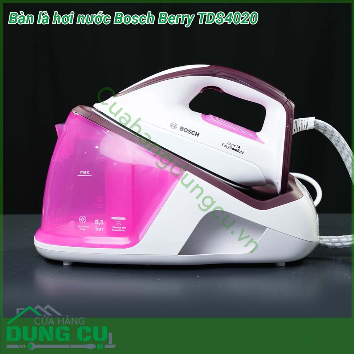 Bàn là hơi nước Bosch Berry TDS4020 ủi đơn giản và hiệu quả chỉ với một cài đặt cho tất cả các loại vải Cấu trúc trên mặt bàn ủi đặc biệt đảm bảo phân phối hơi hoàn hảo và dễ dàng lướt trên vải Công nghệ ủi gồm làm ướt sấy khô và làm mịn