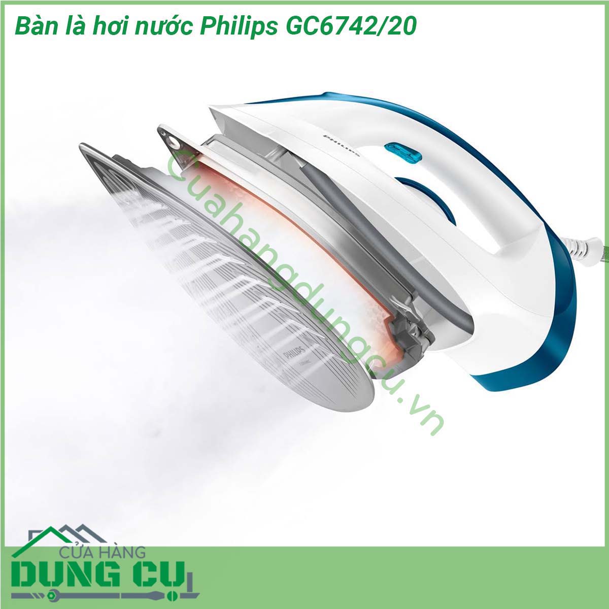 Bàn là hơi nước Philips GC6742 20&nbsp;thiết kế đơn giản đẹp mắt kích cỡ gọn nhẹ sử dụng ủi đồ tiện lợi trong mọi hoàn cảnh Mặt đế bàn ủi phủ chống dính Ceramic bóng sáng bền bỉ lướt êm ái trên mọi mặt vải dễ vệ sinh Hoạt động với công suất 2400 W cho khả năng làm nóng mặt đế nhanh ủi thẳng đồ mau tiết kiệm điện năng gia đình