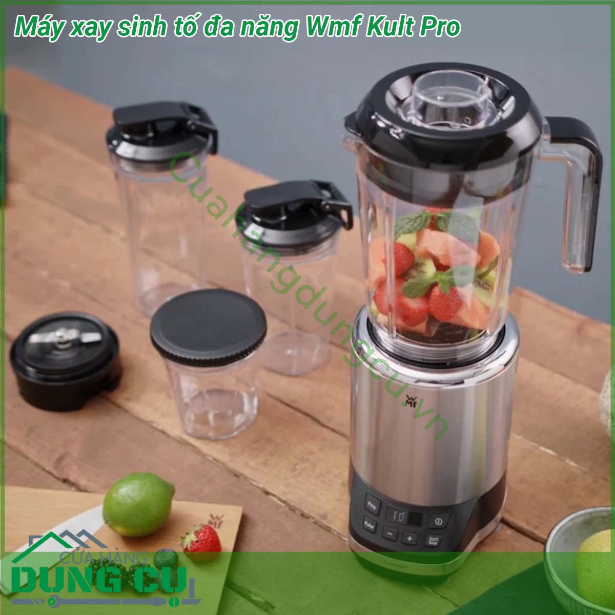 Máy xay sinh tố đa năng Wmf Kult Pro&nbsp;có kích thước thon gọn không quá to và cồng kềnh &nbsp;Lưỡi dao có 6 cánh được làm từ chất liệu thép không gỉ Cromargan cực kì sắc bạn hoàn toàn có thể làm rất nhiều thứ với chiếc máy xay đa năng này xay sinh tố đá bào xay thịt cá tôm cua nghiền các loại hạt cứng như cà phê lạc…