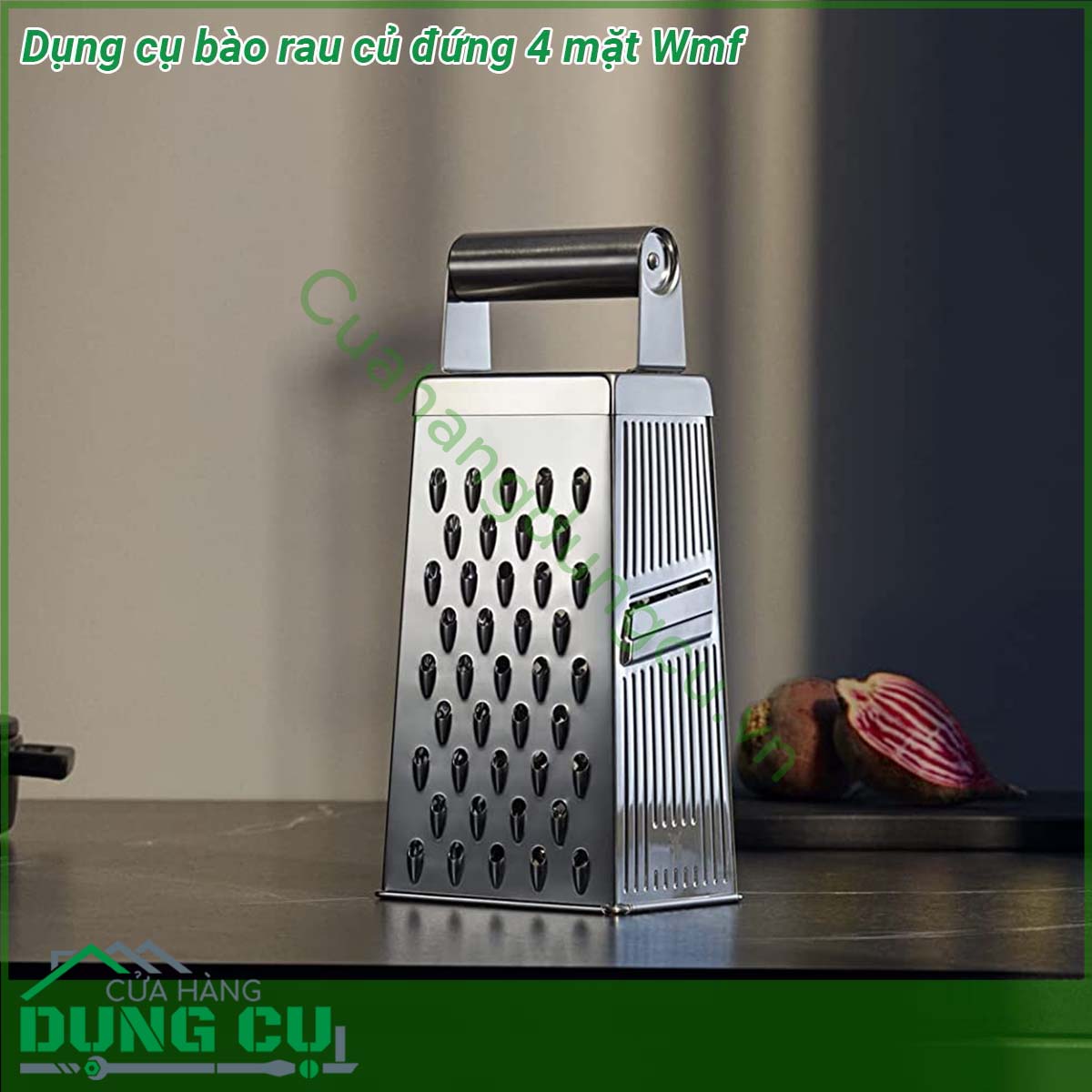 Dụng cụ bào rau củ đứng 4 mặt Wmf&nbsp;giúp bạn có thể bào và nạo trái cây rau củ và nhiều loại thực phẩm khác như gừng các loại hạt sô cô la một cách nhanh chóng và ít tốn công sức Dụng cụ nạo hình vuông với 4 bề mặt nạo có kích thước và kiểu nạo khác nhau được sử dụng linh hoạt đa năng là dụng cụ nạo hoàn hảo trong nhà bếp của bạn Lý tưởng để nạo thái bào dưa chuột cà rốt gừng táo các loại hạt nhục đậu khấu sô cô la chanh và vỏ cam…