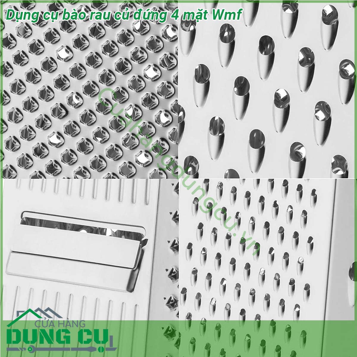 Dụng cụ bào rau củ đứng 4 mặt Wmf&nbsp;giúp bạn có thể bào và nạo trái cây rau củ và nhiều loại thực phẩm khác như gừng các loại hạt sô cô la một cách nhanh chóng và ít tốn công sức Dụng cụ nạo hình vuông với 4 bề mặt nạo có kích thước và kiểu nạo khác nhau được sử dụng linh hoạt đa năng là dụng cụ nạo hoàn hảo trong nhà bếp của bạn Lý tưởng để nạo thái bào dưa chuột cà rốt gừng táo các loại hạt nhục đậu khấu sô cô la chanh và vỏ cam…