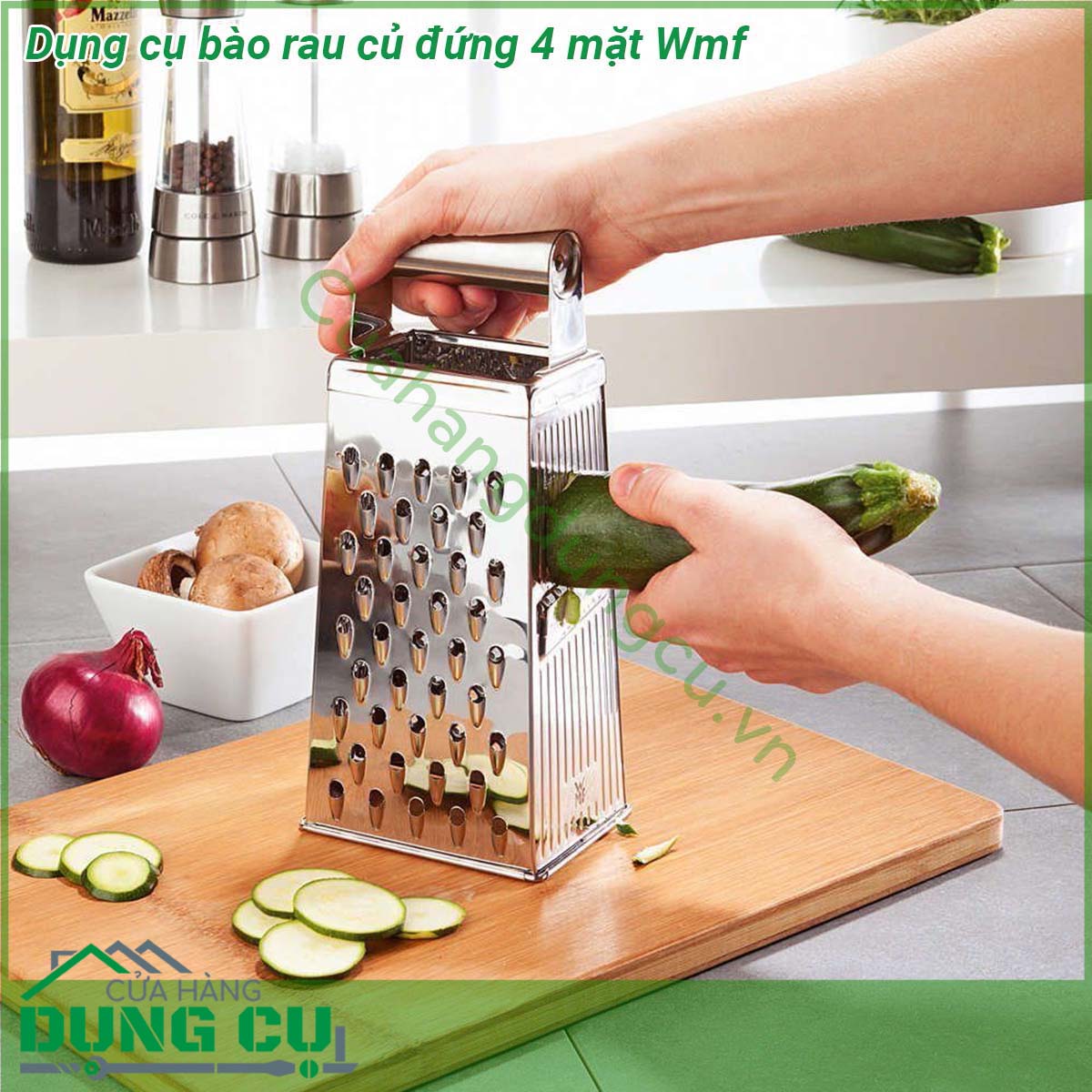 Dụng cụ bào rau củ đứng 4 mặt Wmf&nbsp;giúp bạn có thể bào và nạo trái cây rau củ và nhiều loại thực phẩm khác như gừng các loại hạt sô cô la một cách nhanh chóng và ít tốn công sức Dụng cụ nạo hình vuông với 4 bề mặt nạo có kích thước và kiểu nạo khác nhau được sử dụng linh hoạt đa năng là dụng cụ nạo hoàn hảo trong nhà bếp của bạn Lý tưởng để nạo thái bào dưa chuột cà rốt gừng táo các loại hạt nhục đậu khấu sô cô la chanh và vỏ cam…