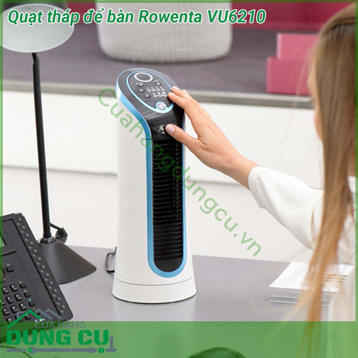 Quạt tháp để bàn Rowenta VU6210&nbsp;thiết kế gọn nhẹ với tay cầm tích hợp để dễ dàng di chuyển cũng như một loạt các tính năng tiện lợi để tăng thêm sự tiện lợi bao gồm ngăn chứa dây điện thuận tiện hẹn giờ 8 giờ điều chỉnh tự động và tự động tắt sinh thái sau 12 giờ &nbsp;Quạt tháp với 3 mức tốc độ có thể điều chỉnh cho hiệu quả làm mát riêng &nbsp;Quạt tháp yên tĩnh chỉ với 45 dB(A) ở mức cài đặt tối thiểu để quạt mát không bị quấy rầy