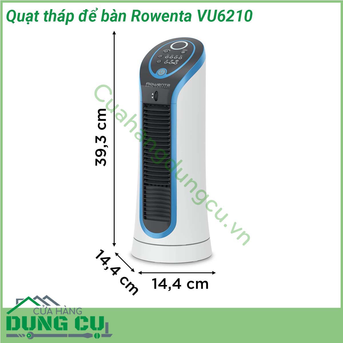Quạt tháp để bàn Rowenta VU6210&nbsp;thiết kế gọn nhẹ với tay cầm tích hợp để dễ dàng di chuyển cũng như một loạt các tính năng tiện lợi để tăng thêm sự tiện lợi bao gồm ngăn chứa dây điện thuận tiện hẹn giờ 8 giờ điều chỉnh tự động và tự động tắt sinh thái sau 12 giờ &nbsp;Quạt tháp với 3 mức tốc độ có thể điều chỉnh cho hiệu quả làm mát riêng &nbsp;Quạt tháp yên tĩnh chỉ với 45 dB(A) ở mức cài đặt tối thiểu để quạt mát không bị quấy rầy