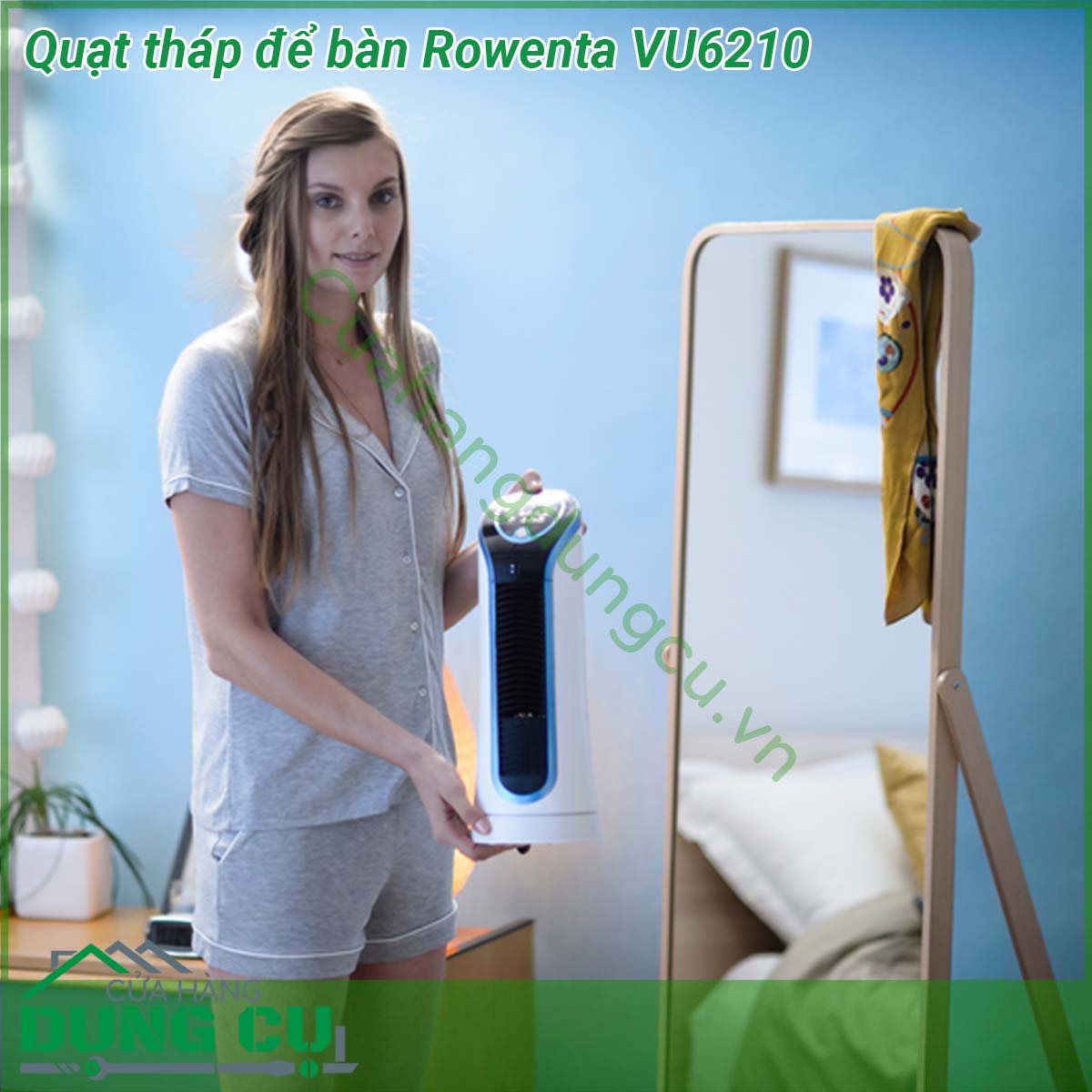 Quạt tháp để bàn Rowenta VU6210&nbsp;thiết kế gọn nhẹ với tay cầm tích hợp để dễ dàng di chuyển cũng như một loạt các tính năng tiện lợi để tăng thêm sự tiện lợi bao gồm ngăn chứa dây điện thuận tiện hẹn giờ 8 giờ điều chỉnh tự động và tự động tắt sinh thái sau 12 giờ &nbsp;Quạt tháp với 3 mức tốc độ có thể điều chỉnh cho hiệu quả làm mát riêng &nbsp;Quạt tháp yên tĩnh chỉ với 45 dB(A) ở mức cài đặt tối thiểu để quạt mát không bị quấy rầy