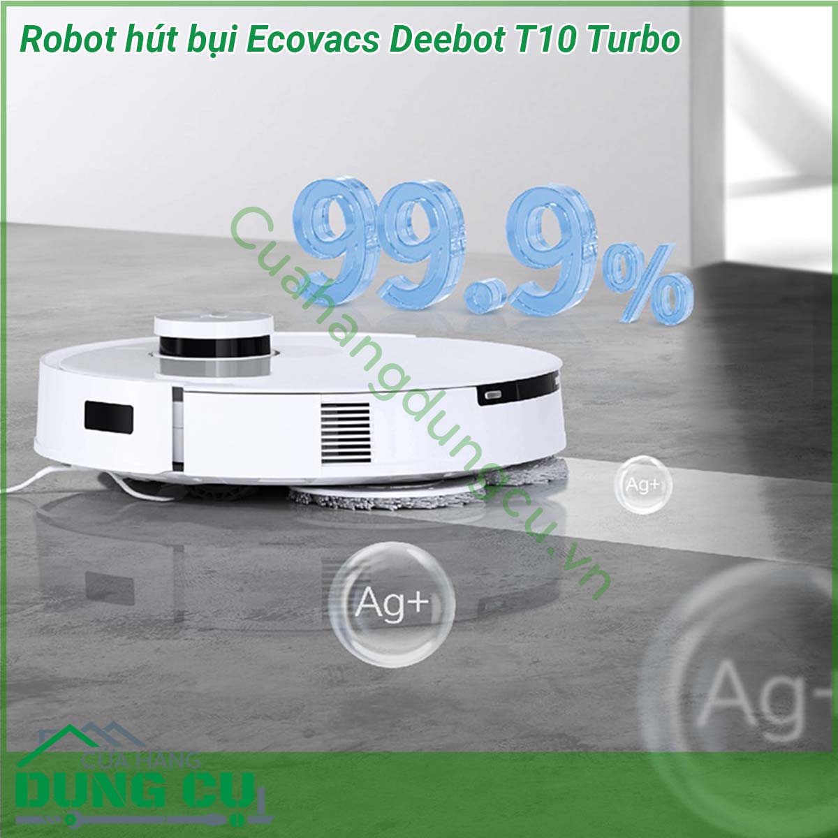 Robot hút bụi Ecovacs Deebot T10 Turbo sở hữu màu trắng trang nhã dễ dàng thích ứng với nhiều phong cách trang trí không gian khác nhau Kiểu dáng nhỏ gọn có khả năng di chuyển linh hoạt và tiếp cận nhiều vị trí nhỏ hẹp trong nhà giúp làm sạch tối đa Trạm gốc của robot&nbsp;có kích thước khá lớn với chức năng tự động làm sạch khăn lau đồng thời sấy khô bằng không khí nóng trong 2 giờ khử trùng bằng ion bạc 99 9 mà người dùng hoàn toàn không cần phải thao tác bằng tay