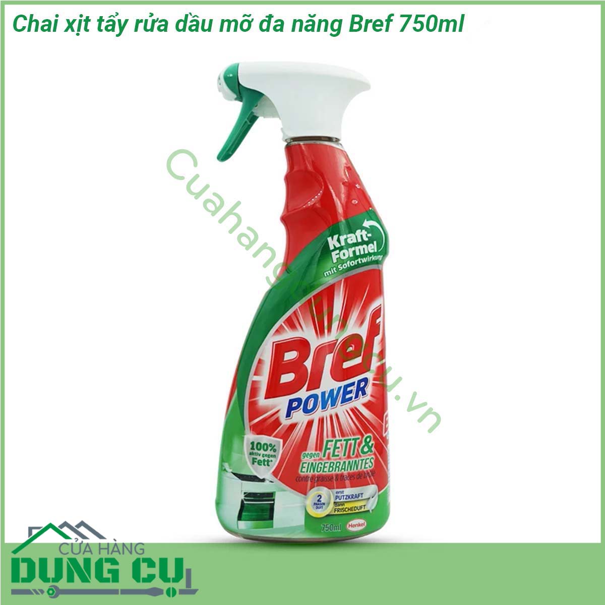 Chai xịt tẩy rửa dầu mỡ đa năng Bref 750ml&nbsp;tẩy sạch các vết dầu mỡ bám trên tất cả các loại bếp &nbsp;bếp từ bếp điện bếp hồng ngoại và bếp ga &nbsp;Nhờ công thức đánh tan dầu mỡ cực mạnh Nước xịt tẩy rửa đa năng Bref còn có thể sử dụng cho&nbsp;lò nướng vi sóng cũng như các vật dụng bằng inox và thép không gỉ trong nhà bếp của bạn