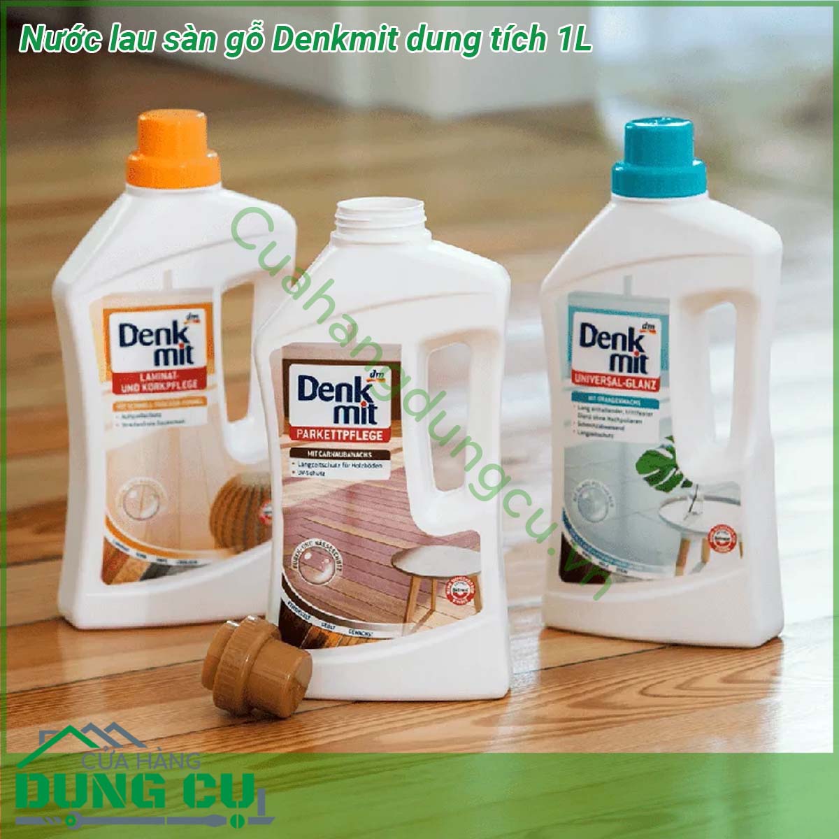 Nước lau sàn gỗ Denkmit dung tích 1L sản phẩm chuyên dụng dành cho sàn gỗ giúp làm sạch và bảo dưỡng tất cả các sàn gỗ và ván sàn được làm kín bôi dầu và sáp Các thành phần đặc biệt bảo vệ các điểm nối khỏi phồng rộp không mong muốn do độ ẩm Với hỗn hợp đặc biệt cùng thành phần sáp carnauba giúp chống tia cực tím bảo vệ bề mặt gỗ và đồng thời chống bị mài mòn phai màu và tái bám bẩn nhờ đó giúp giữ màu độ sáng bóng tự nhiên của gỗ