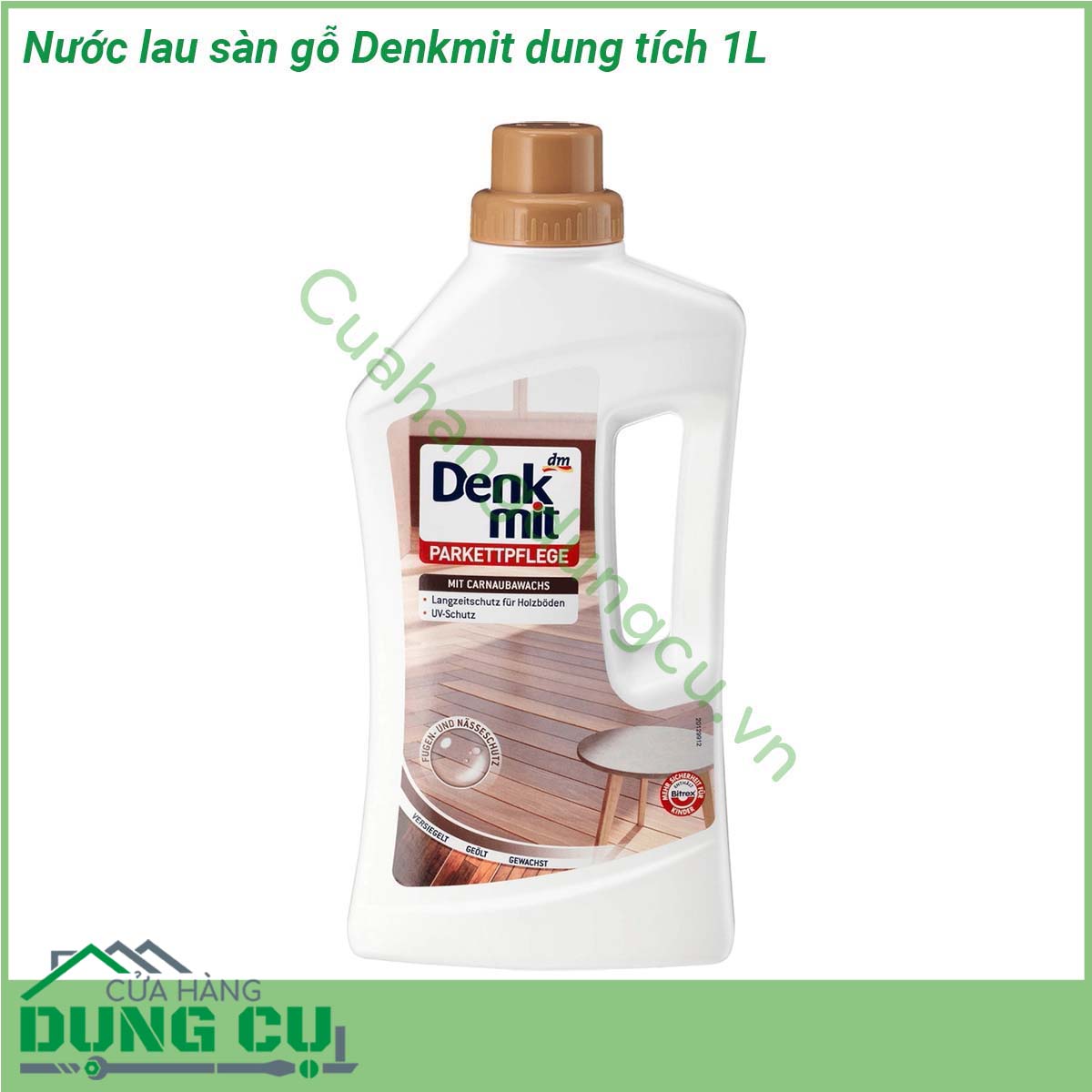 Nước lau sàn gỗ Denkmit dung tích 1L sản phẩm chuyên dụng dành cho sàn gỗ giúp làm sạch và bảo dưỡng tất cả các sàn gỗ và ván sàn được làm kín bôi dầu và sáp Các thành phần đặc biệt bảo vệ các điểm nối khỏi phồng rộp không mong muốn do độ ẩm Với hỗn hợp đặc biệt cùng thành phần sáp carnauba giúp chống tia cực tím bảo vệ bề mặt gỗ và đồng thời chống bị mài mòn phai màu và tái bám bẩn nhờ đó giúp giữ màu độ sáng bóng tự nhiên của gỗ