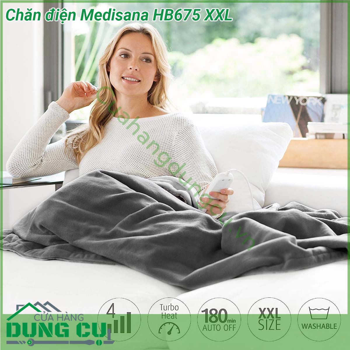 Chăn điện Medisana HB675 XXL được chế tạo từ những vật liệu mềm và nhẹ (vải cotton) chăn sưởi có tác dụng không chỉ giữ ấm cho cơ thể người mà còn có giá trị kích thích tuần hoàn máu và các quá trình trao đổi chất ngăn ngừa và trị liệu 1 số bệnh như khớp cảm lạnh đau lưng đau cột sống hay xương khớp
