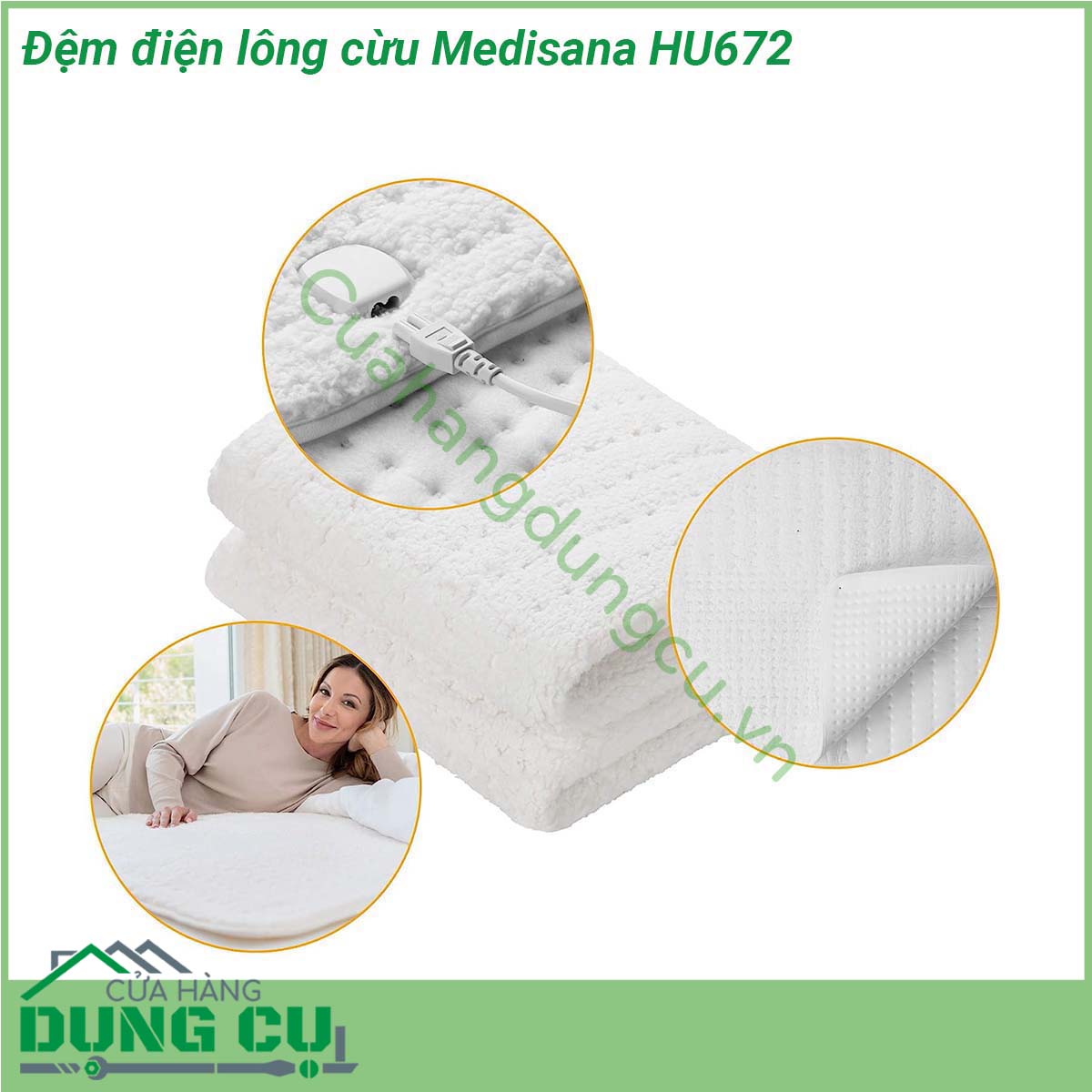 Đệm điện lông cừu Medisana HU672 được làm từ chất liệu&nbsp;lông cừu siêu mềm mịn làm từ vải dày hai phân tạo thêm cảm giác thoải mái Nhờ có bốn mức nhiệt độ có thể lựa chọn và một bàn chân ấm hơn