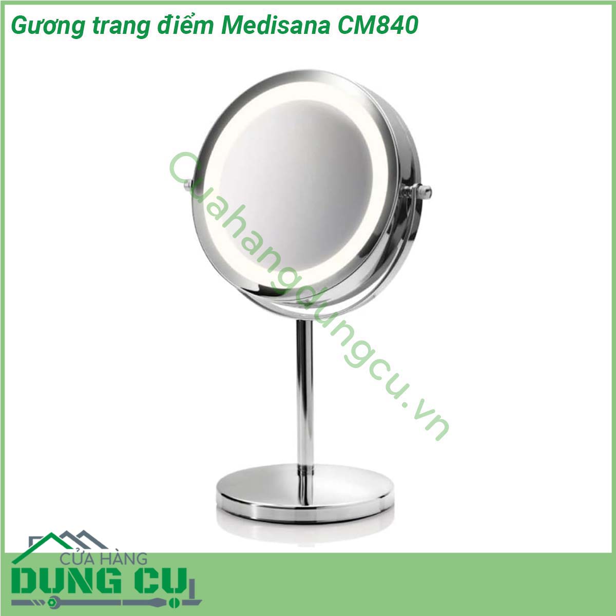 Gương trang điểm Medisana CM840&nbsp;là loại gương để bàn với chân đế chắc chắn hình tròn và giá đỡ có độ cao vừa phải tiện sử dụng Gương sở hữu kiểu dáng tinh tế với những đường bo tròn tỉ mỉ và góc cạnh tinh xảo mang đến một hơi hơi thở phong cách nghệ thuật hiện đại và không kém phần lãng mạn Gương trang điểm Medisana CM840 góp phần mang đến sự sang trọng tiện nghi và lịch sự cho không gian