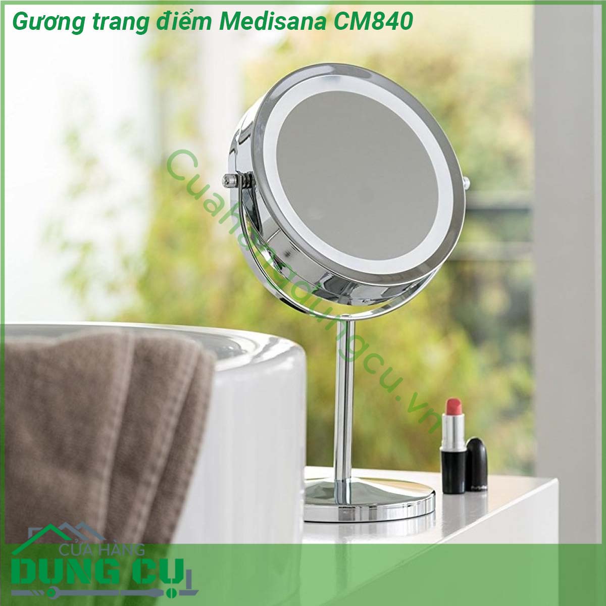 Gương trang điểm Medisana CM840&nbsp;là loại gương để bàn với chân đế chắc chắn hình tròn và giá đỡ có độ cao vừa phải tiện sử dụng Gương sở hữu kiểu dáng tinh tế với những đường bo tròn tỉ mỉ và góc cạnh tinh xảo mang đến một hơi hơi thở phong cách nghệ thuật hiện đại và không kém phần lãng mạn Gương trang điểm Medisana CM840 góp phần mang đến sự sang trọng tiện nghi và lịch sự cho không gian