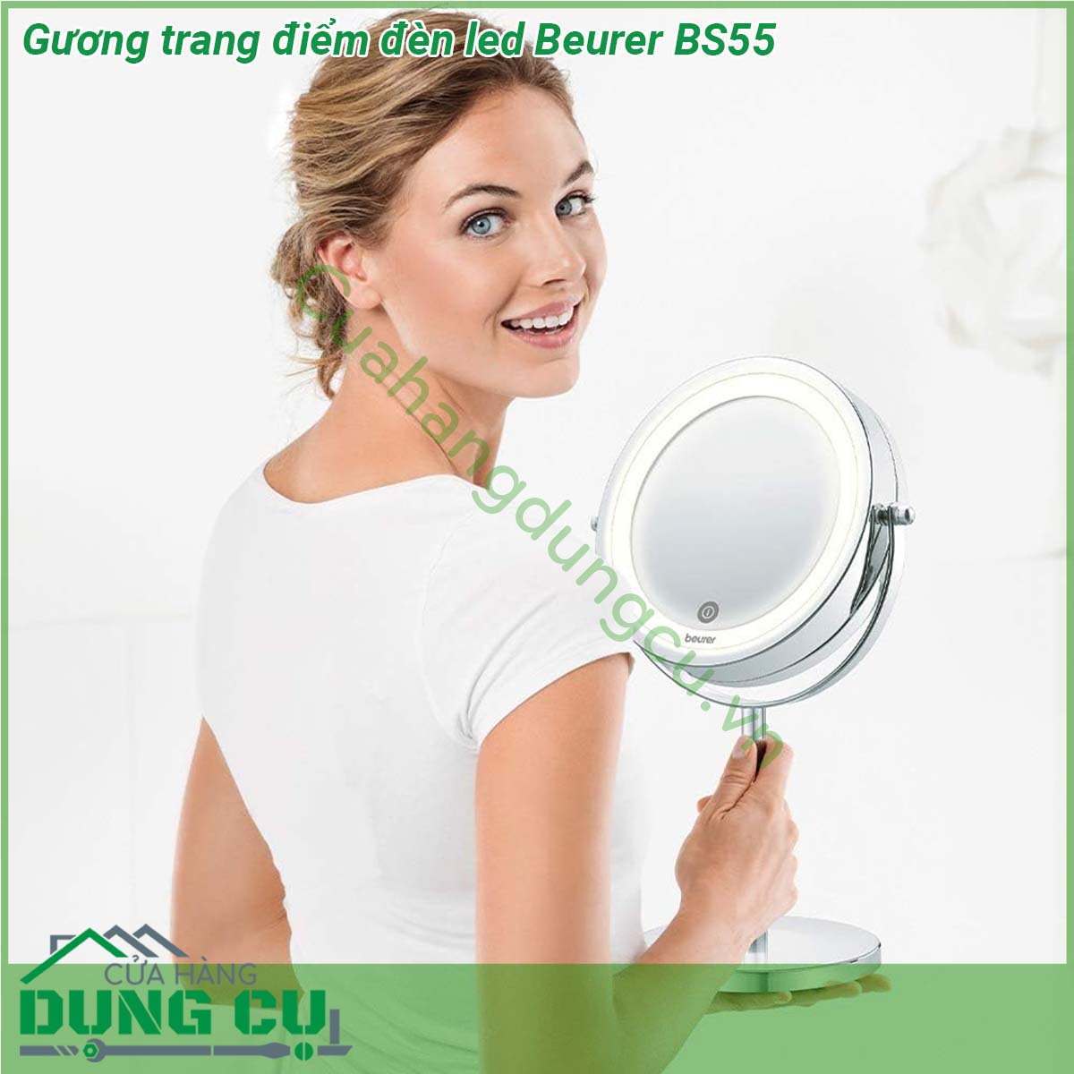 Gương trang điểm đèn led Beurer BS55&nbsp;với thiết kế thanh lịch và vượt thời gian chiếc gương chất lượng cao phù hợp với bất kỳ phòng tắm hiện đại nào Bạn có thể thay đổi mức độ nghiêng của bề mặt gương cũng như điều chỉnh ánh sáng của đèn Đèn nền tự động tắt 15 phút sau khi bắt đầu sử dụng &nbsp;Ánh sáng từ gương có&nbsp;18 đèn LED&nbsp;rất thật soi rõ gương mặt giúp các bạn có thể trang điểm nhanh chính xác khi nhà thiếu sáng mà không cần phải bật đèn của cả nhà