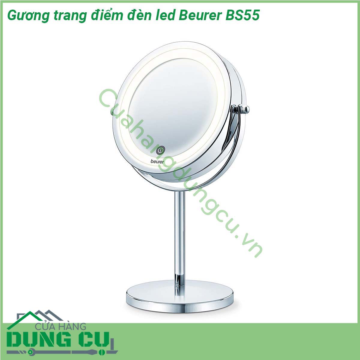 Gương trang điểm đèn led Beurer BS55&nbsp;với thiết kế thanh lịch và vượt thời gian chiếc gương chất lượng cao phù hợp với bất kỳ phòng tắm hiện đại nào Bạn có thể thay đổi mức độ nghiêng của bề mặt gương cũng như điều chỉnh ánh sáng của đèn Đèn nền tự động tắt 15 phút sau khi bắt đầu sử dụng &nbsp;Ánh sáng từ gương có&nbsp;18 đèn LED&nbsp;rất thật soi rõ gương mặt giúp các bạn có thể trang điểm nhanh chính xác khi nhà thiếu sáng mà không cần phải bật đèn của cả nhà