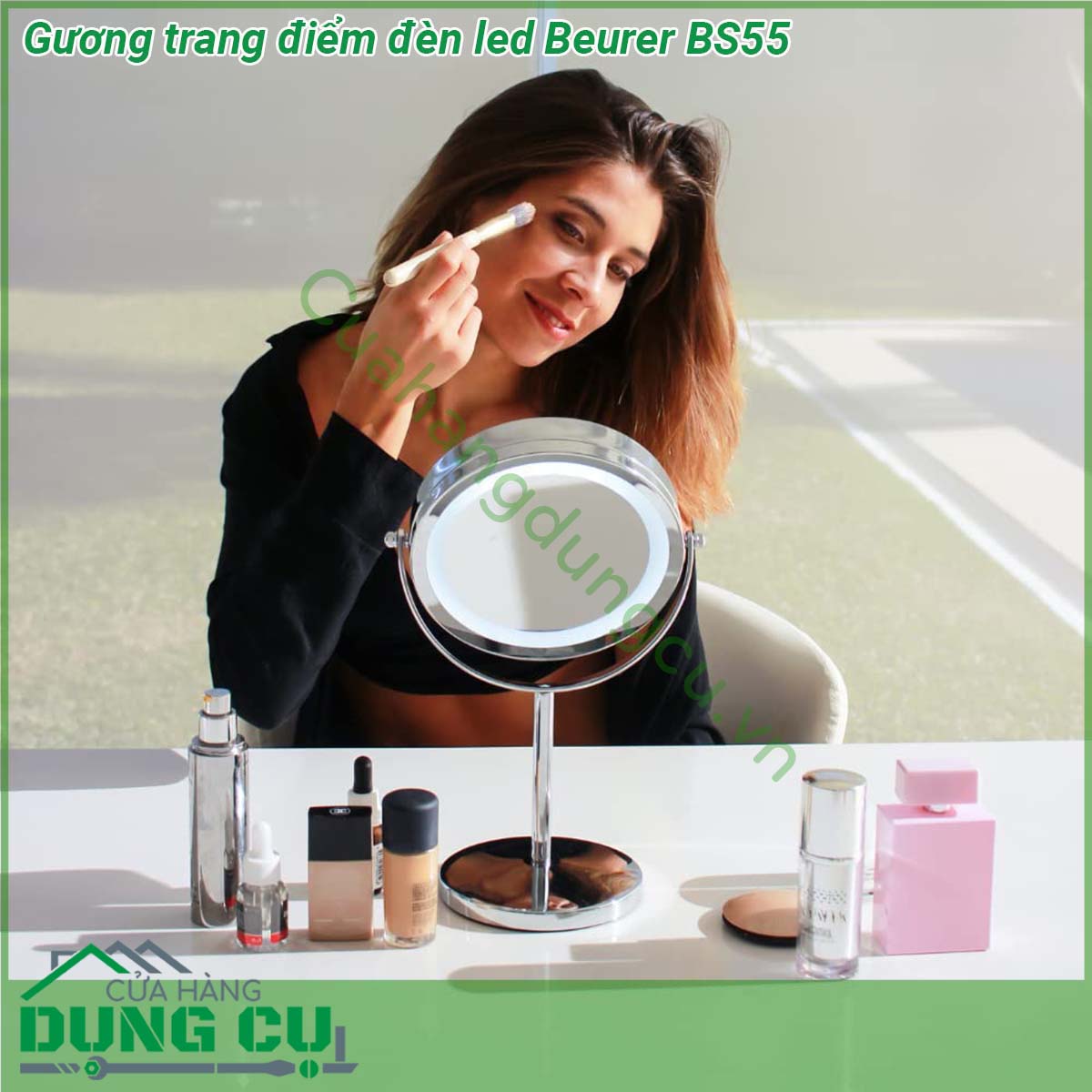 Gương trang điểm đèn led Beurer BS55&nbsp;với thiết kế thanh lịch và vượt thời gian chiếc gương chất lượng cao phù hợp với bất kỳ phòng tắm hiện đại nào Bạn có thể thay đổi mức độ nghiêng của bề mặt gương cũng như điều chỉnh ánh sáng của đèn Đèn nền tự động tắt 15 phút sau khi bắt đầu sử dụng &nbsp;Ánh sáng từ gương có&nbsp;18 đèn LED&nbsp;rất thật soi rõ gương mặt giúp các bạn có thể trang điểm nhanh chính xác khi nhà thiếu sáng mà không cần phải bật đèn của cả nhà