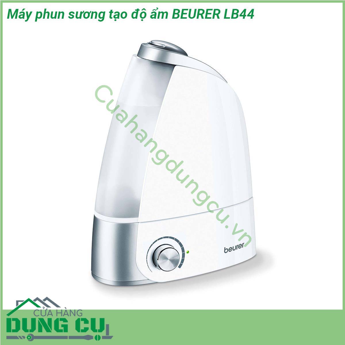 Máy phun sương tạo độ ẩm BEURER LB44&nbsp;có kiểu dáng rất sang trọng với màu trắng hiện đại giúp bạn có thể đặt nó ở bất cứ đâu mà không sợ làm xấu đi không gian của mình Khoang chứa nước thiết kế với màu trong suốt giúp bạn dễ dàng quan sát để chế thêm nước khi cần tránh bị gián đoạn hoạt động &nbsp;Núm xoay giúp bạn dễ dàng vận hành sản phẩm Phần nắp máy làm bằng inox hạn chế bám bẩn và dễ làm sạch Thiết kế nhỏ gọn của sản phẩm không làm tốn quá nhiều diện tích không gian của bạn